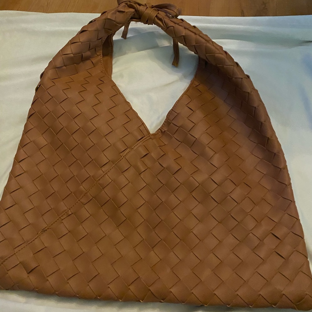 Brown Woven Leather Hobo Bag with Knotted Handle Moda Luxe